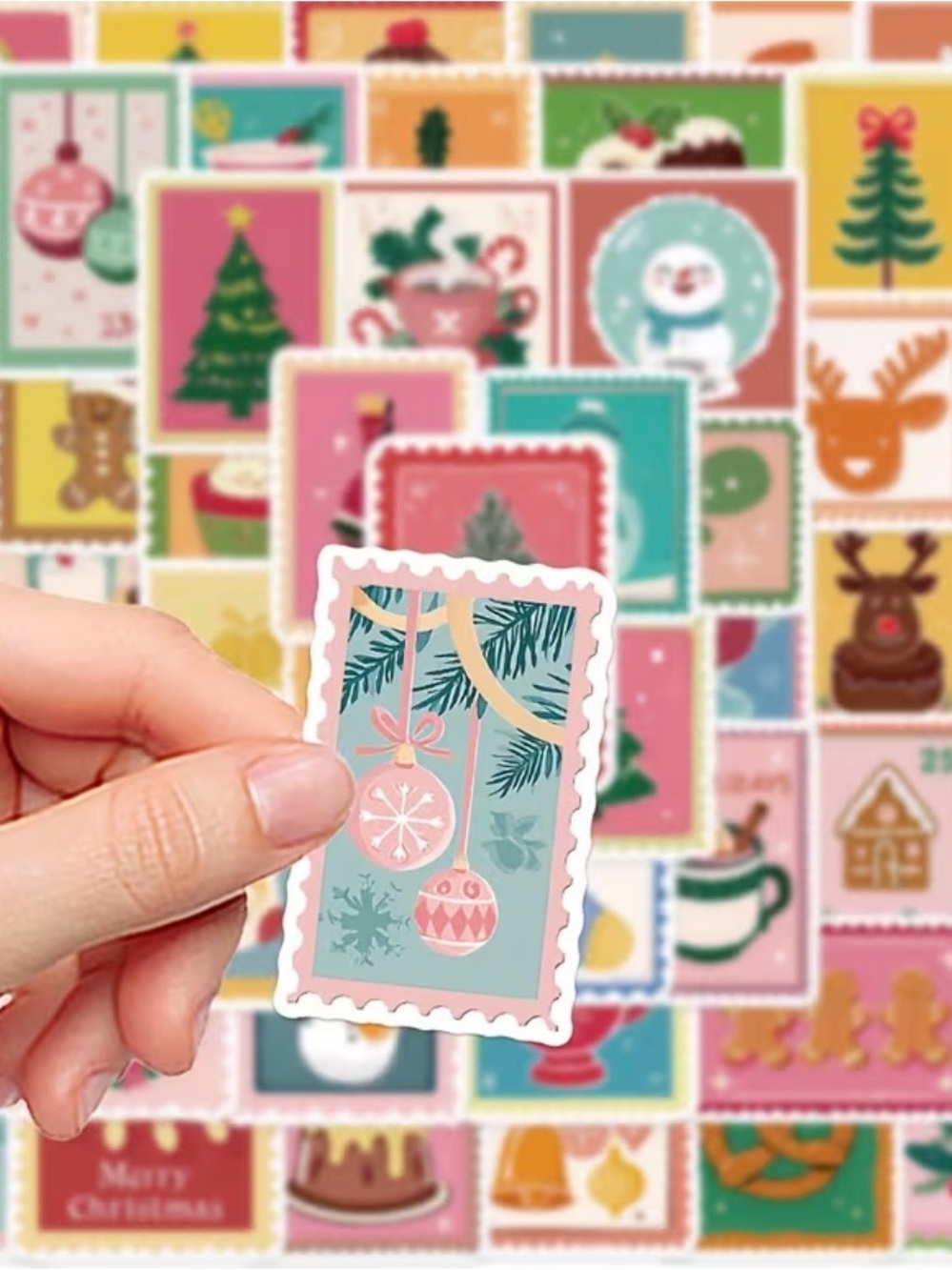 50 Christmas Iridescent Stickers Stamp Style Trees Reindeer Gingerbread Snowman - Picture 7 of 16